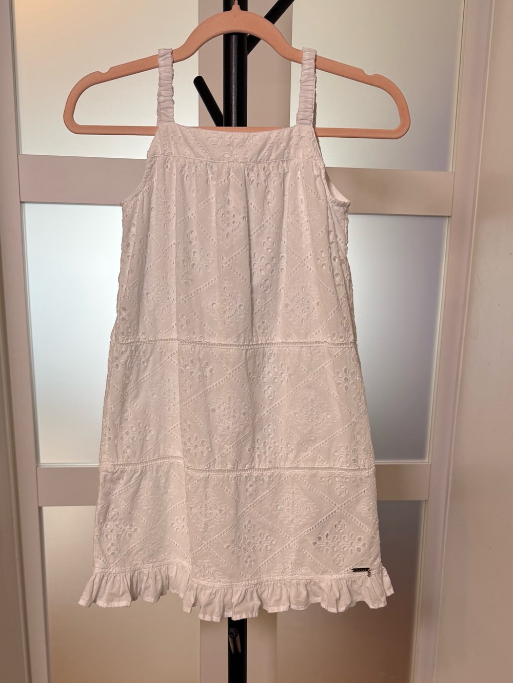 Guess White Cotton Eyelet Ruffle Hem Girls' Dress, Size 10